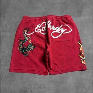 Ed Hardy Mens Red Dragon Skull Flame Graphic Sweat Shorts Size XL